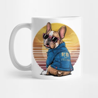 A vibrant vector illustration of a French Bulldog wearing sunglasses and a blue jean jacket, embodying a carefree(2) Mug